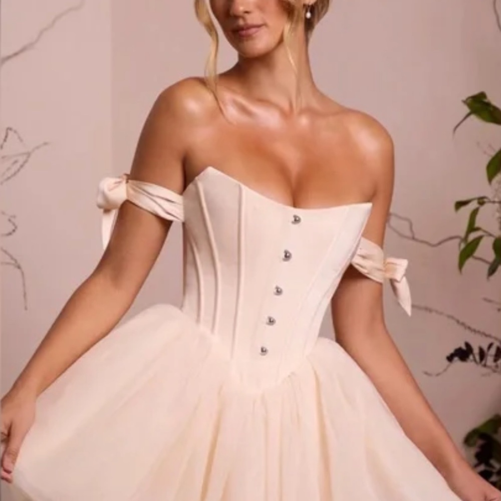 Oh Polly Off Shoulder Tulle Skirt Mini Dress in Ivory